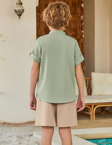 Image of Arshiner Boy's 2 Pieces Linen Sets Short Sleeve Henley Shirt and Shorts Summer Beach Matching Outfits 4-12 Years