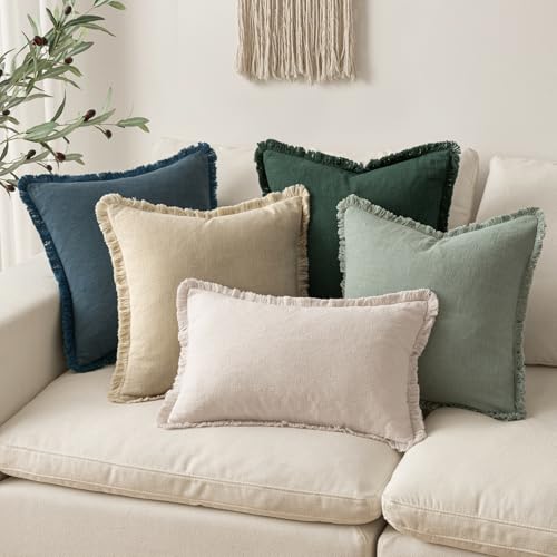 Image of MIULEE Decorative Throw Pillow Covers Neutral Linen Fringe Throw Pillows Set of 2 Beige Boho Farmhouse Cushion Covers with Tassels for Couch Sofa Bed Living Room Spring Home Decor 16x16 Inch