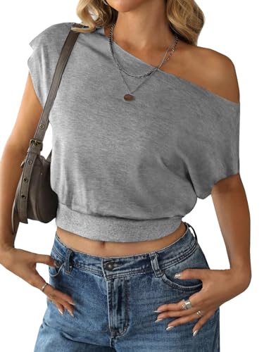 Image of SOFIA'S CHOICE Women's Off The Shoulder T Shirt Crop Top Casual Summer Dolman Sleeve Asymmetrical Cinched Waist Tops