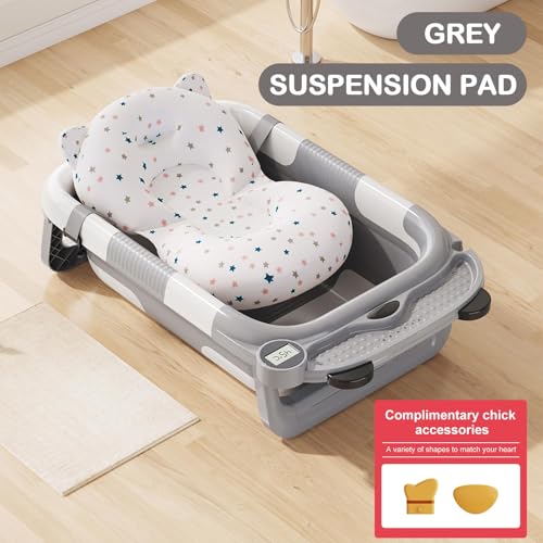 Image of Collapsible Baby Bathtub for Newborn with Real-time Temp Monitor + Soft Floating Cushion Durable Foldable Baby Tubs for Infants to Toddler, Portable Travel Bathtub with Drain Hole Grey