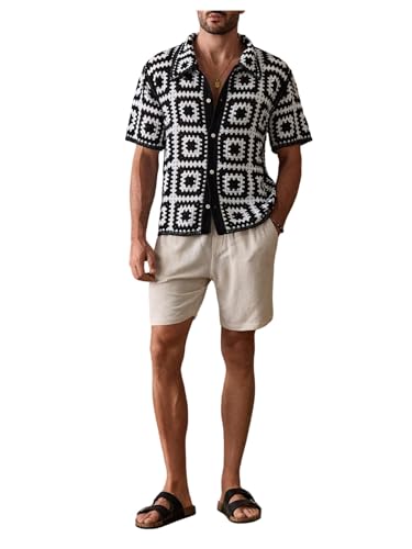Men's Geometric Hawaiian Crochet Shirt Hollow Out Beach Shirts Button Down Short Sleeve Collared Knit Tops