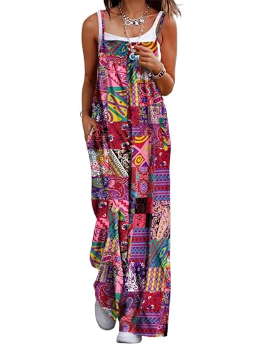 YESNO Women's Summer Boho Casual Jumpsuits Wide Leg Overalls Floral Print Baggy Rompers with Pockets PZZCR