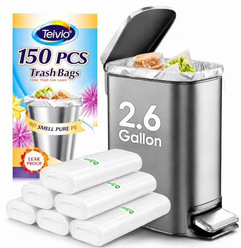 2.6 Gallon 150 Counts Small Trash Bags Garbage Bags by Teivio Bathroom Trash Can Bin Liners Small Plastic Bags for home office kitchen Clear