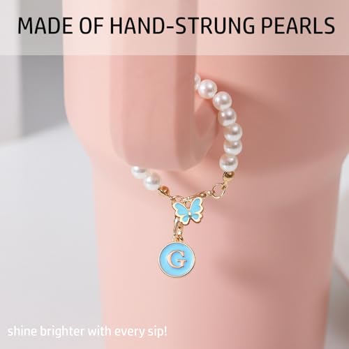 Image of Accessories for Stanley Cup Pearl Chain Initial Accessoriess for Handle Stuff Decor Water Bottle Jewelry Tumbler Cute Simple Modern Personalized Name ID Decorations Letter Blue Tag G