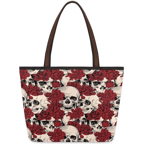 Hand Painted Skull Roses Tote Bag Multi Pocket Zippered Beach Bag Lightweight Waterproof Handbag for Women Men Work Gym Travel Swimming Yoga Grocery Shopping M