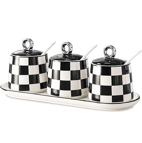 CAFIEDR Juego de recipientes para condimentos, tarros para condimentos con Tapa de Cuchara, Juego de tarros de cerámica para Especias con Bandeja, Organizador de condimentos, Sal(3 Piezas)