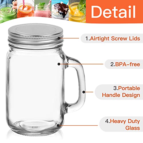 16 oz Glass Mason Drinking Jars with Lids,9 Pack Reusable Mason Jars with Handle,480ml Glass Overnight Oats Jar,Beer Mugs for Smoothies,Preserve,Cocktails,Party Favors - Image 4