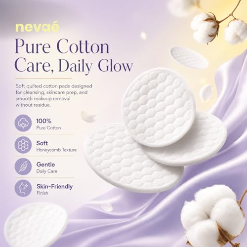 Image of Nevae Multipurpose Cotton Pads, 100% Cotton, Embossed Double Sided, for Skin Cleaning, Eye & Face Makeup Removal, Nail Polish Removal, Soft Round Facial Cotton Pads (50 Pcs)