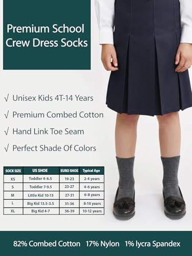 Image of COTTON DAY Unisex Kids Youth Boys Girls Soft Cotton School Crew Dress Socks Seamless Toe Black White Gray Navy 6 Pack