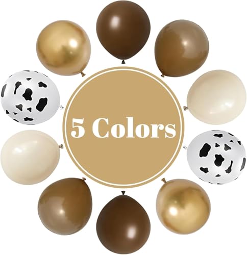 Image of Cow Brown Balloons, 60Pcs 12 Inch Cow Print Coffee White Metallic Gold Latex Balloon, Tan Nude Neutral Beige Helium Balloons for Farm Western Theme Cowboys Cowgirls Birthdays Baby Shower Party Decor