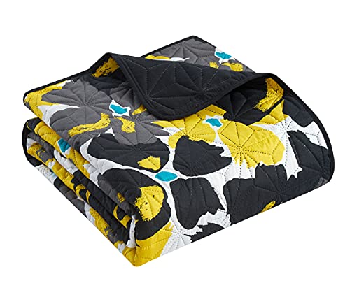 Chic Home Aster 5 Piece Quilt Set Contemporary Floral Design Bedding - Decorative Pillows Shams Included, Queen, Black #TOP5