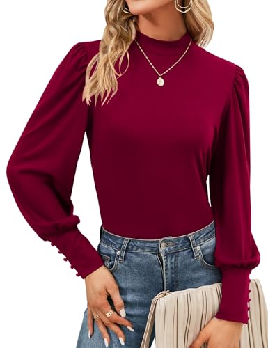 Tisfeer Damen Bluse Langarm Rollkragen Tops Elegant Locker Oberteile Basic Puffärmel Shirt Herbst Tunika (M,Rotwein)