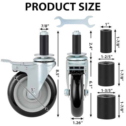 Finnhomy 5 Inch Prep Table Cater Wheels Set of 4 Heavy Duty Expanding Stem Casters with Brake Fit 7/8", 1", 1-1/2" and 1-5/8" Tube Leg for Stainless Steel Furniture Legs, Worktable, Cart, Workbench by Finnhomy - Image 3