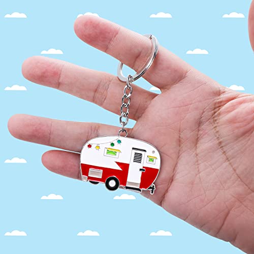 Thinp 2 Pieces Camper Keychain, RV Camper Keyring Accessories for Travel Trailers Enameled Metal Retro Camping Car Keychain Red+Green - Thumbnail 4