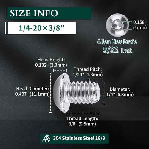 Image of 1 /4-20 x 3 /8 inch Button Head Socket Cap Bolts Screws, 304 Stainless Steel 18-8, Allen Hex Drive, Bright Finish, Fully Machine Thread, Pack of 25
