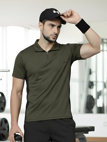 Image of White Moon Dryfit Tshirt for Men, Gym T Shirt for Men Workout - Running with Collar Zipper Neck and Side Panel, Quick-Dry, Anti-Odor Sports Tshirt, Lightweight & Breathable