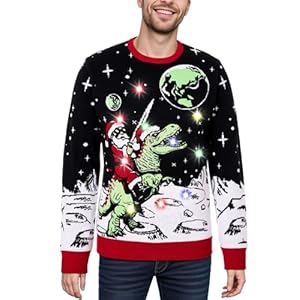 RAISEVERN LED Men Ugly Christmas Sweater Funny Light Up Xmas Party Long Sleeve Knitted Pullover
