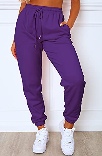 Waitfairy Women's Cinch Bottom Sweatpants High Waisted Trendy Athletic Jogger Pants For Teen Girls Lounge Trousers With Pockets Purple M #TOP1