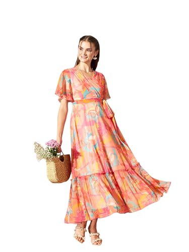 Image of Miss Chase Women's Floral V-Neck Flutter Sleeve Wrap Chiffon Maxi Dress