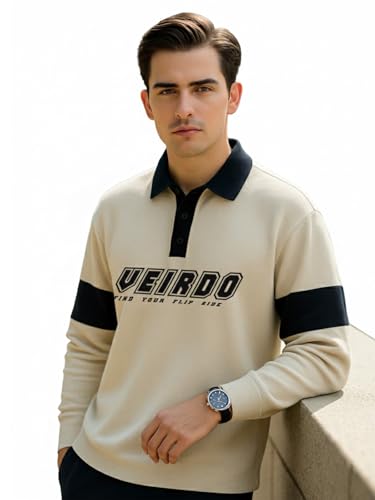 Image of Veirdo Men's Oversized Loopknit Cotton Polo Neck T-Shirt | Oversized Baggy Fit Full Sleeve Casual Streetwear Top with Ribbed Cuffs S-XXL
