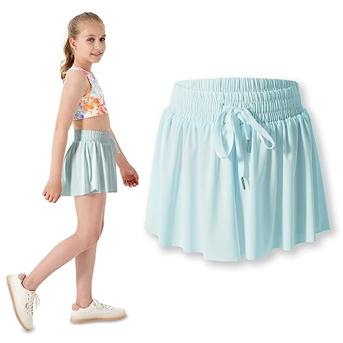 2-in-1 Butterfly Shorts Girls Flowy Shorts, Kids Girls Athletic Shorts with Spandex Liner and Side Pocket for Fitness