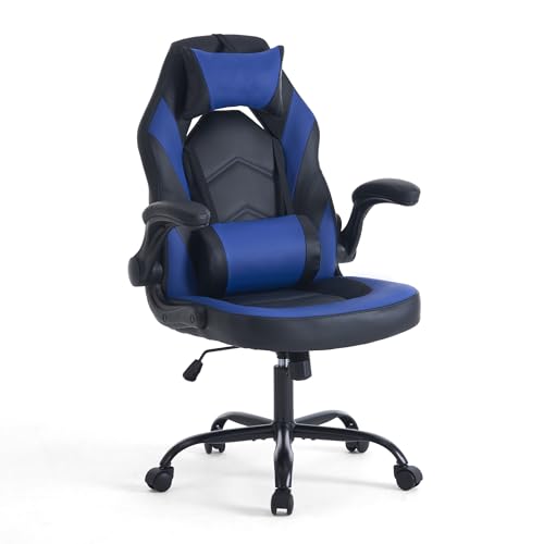 Image of Sweetcrispy Ergonomic Gaming Desk Chair - Computer Video with Comfy Lumbar Support and headrest, PU Leather with Flip-up Arms, Adjustable Height and Swivel Wheels, Home and Office, Blue