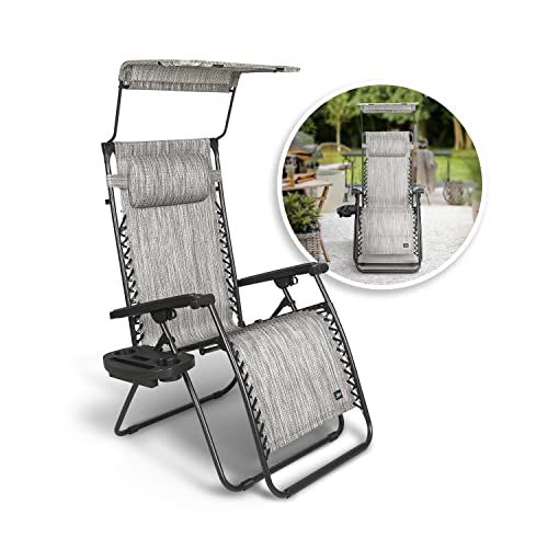 Bliss Hammocks Gfc-451P 26" Wide Base Model Zero Gravity Chair W/ Canopy, Pillow, & Drink Tray Folding Outdoor Lawn, Deck, Patio Adjustable Lounge Chair, 300Lbs. Weather & Rust Resistant, Platinum #TOP4