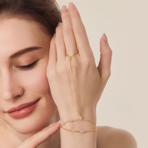 Cicy Bell Hand Chain Bracelet for Women 18k Gold Plated Layered Stackable Dainty Cubic Zirconia Satellite Bead Dot Link Finger Ring Bracelets Trendy Friendship Jewelry Accessories2