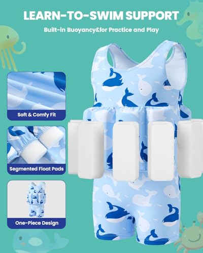 Image of DivingBirds Toddler Floatie Swimsuit with Hat for Boys Girls, Sleeveless Swim Suit with Floatation, 1-6Y