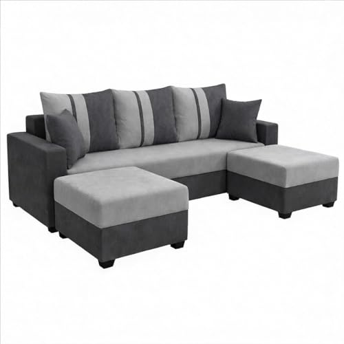 Image of Zenix Dual Tone Rich Velvet Suede 3 Seater Sofa Set with 2 Ottomans | Spacious Soft Touch Comfort Seating | Modern Sofa for Living Room (Dark Gray & Light Gray)