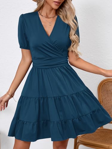 Image of Women's Casual Summer Dress V Neck Short Sleeve Flowy Stretchy Comfort Fit for Daily Wear Work Midi Dresses