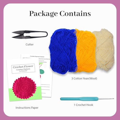 Image of picknMAKE 6 Pcs Floral Whisper Crochet Coaster DIY Coaster Kit for Beginners, Crochet Yarn Full, Multicolor Decorative Flower Coasters Craft Kit with All Material Included