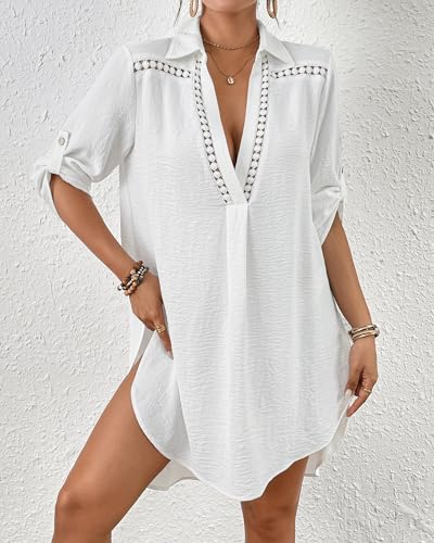 Bsubseach Women’s Swimsuit Coverup V Neck Bathing Suit Cove Up for Swimwear Long Sleeve Beach Dress Shirt3