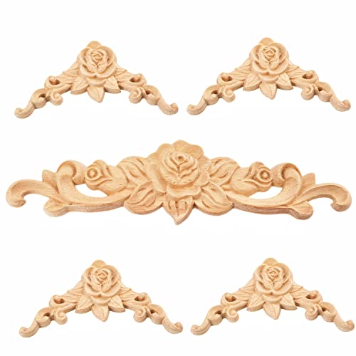 MUXSAM Wood Rose Appliques Onlays Set, 5-Pack Unpainted Decorative Carved Decals for Bed Door Cabinet Wardrobe Mantel Ceiling Wall Headboard Upgrade Decor Craft DIY Projects by MUXSAM - Used condition - US$11.90