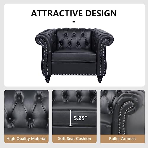 Image of QHITTY 2 Piece Living Room Set, Sectional Chesterfield Sofa Chair Contemporary Upholstered Artificial Leather Loveseat Couch Sets for Living Room, Bedroom, Office (Black)