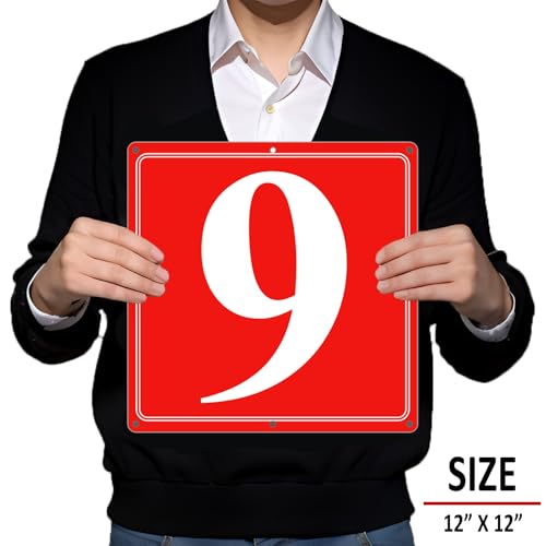 Image of Premium Aluminum Number Signs 9, Metal 12 inch X 12 inch Red Numbered Signs Outdoor for Parking Lots, Floor, Dock, Court, Aisle, Field, High Visibility, No Fade, Weather-resistant