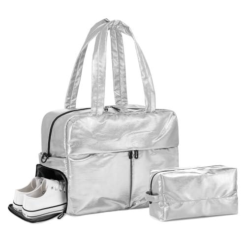 Compact Travel Duffel Bag for Women, 45L Gym Bag - Stylish Weekender Bag with Shoe Pocket, TSA-Approved Carry-On for Airplane, Fitness, Weekend (Silver) - Main Image