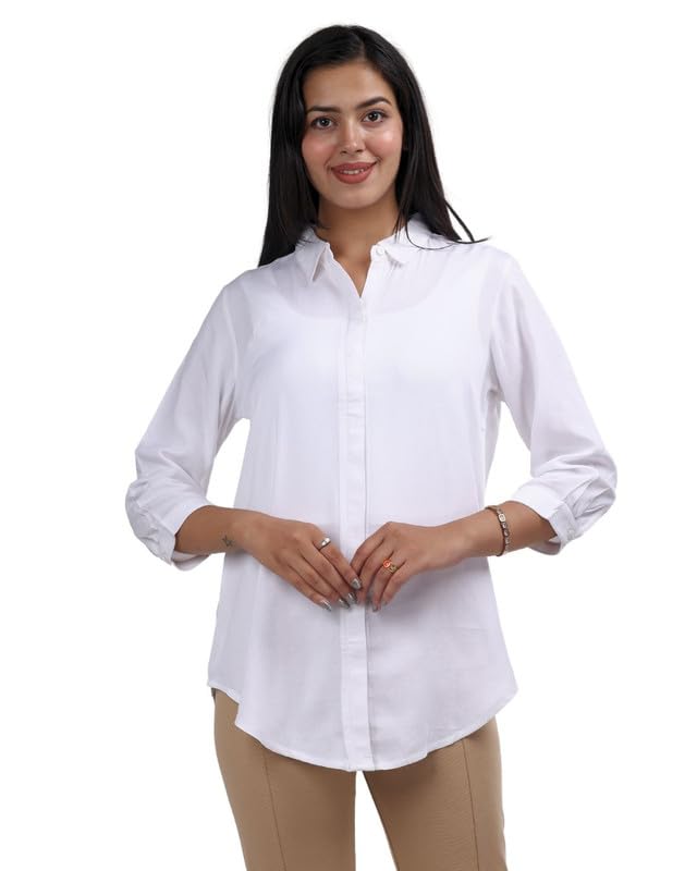 Image of Mlada Hemline Solid Shirts for Women | 3 /4 Sleeves Classic Rayon Shirt for Office Wear | Collared Neck Shirt for Girls | Regular Fit Shirts | Smart Formal Button Down Shirt for Women