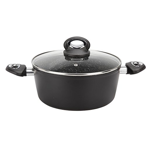 Crealys 520043 Faitout GRANITY diam. 24 cm en Aluminium forgé revêtement Noir Anti-adhérent sans PFOA - Aspect Pierre - Couvercle en Verre - Tous Feux Dont...