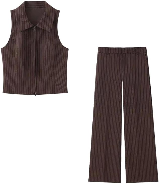 Womens Striped Vest and Pant Suit Sleeveless Short Waistcoat High Waist Wide Leg Trousers Spring Outfit
