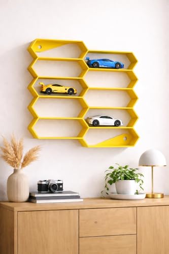 Image of 10-Car Hexagon Wall Rack Compatible with Hot Wheels Stand & 1:64 Die-Cast Cars | Stackable Wall Display Organizer with Side Guards & Screw Slot|Home & Office Decor (NO CAR INCLUDED)(Yellow)
