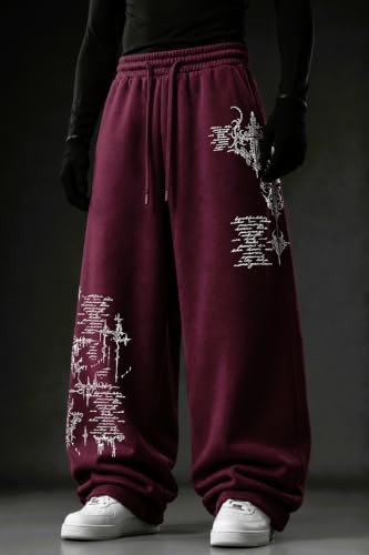 Image of Aesthetic Gothic Wide Leg Pants for Men | Tribal Print Baggy Streetwear | Oversized Track Pants with Elastic Waist | Black and White Relaxed Fit Bottoms