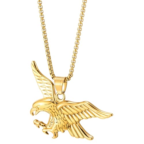 COOLSTEELANDBEYOND Men’s Gold Eagle Pendant Necklace, Stainless Steel Flying Hawk Bird Design, Statement Chain Jewelry3