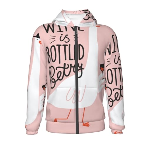 Goose Holding Wineglass with Red Wine Kid Hoodies Boys Zip Up Sweatshirts Girls Pullover with Pocket2