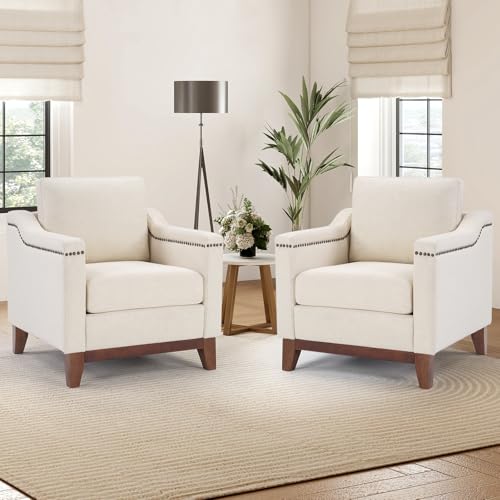 Image of Vintage Upholstered Armchair Set of 2 with Nailhead Trim and Solid Wood Legs, Comfortable Accent Chair for Living Room & Bedroom, Beige