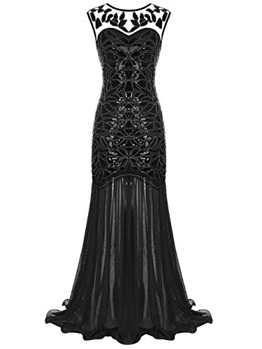 FAIRY COUPLE Robe de 1920s Sol-Longueur V-Dos Pailleté Embelli Bal Formel Soirée D20S004(S,Black)