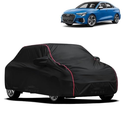 Image of Waterproof Car Cover for Audi S3 | All-Weather Protection, Dustproof & UV Resistant | Triple Stitched Mirror Pockets, Windproof Buckle Strap with Elastic Hem, Black-Red Piping