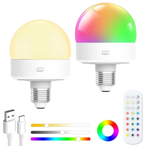 Funlenry Rechargeable Light Bulb with Remote - E27 Battery Light Bulb No electricity for Wall Sconces, Table Lamp, Hanging lights, Non-Hardwired (2 Pack)