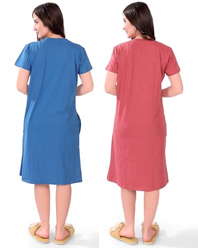 Image of Printed Knee Length Pocket Night Dresses for Women | Cat Lover | Premium Soft Cotton Nighty | Blue and Maroon