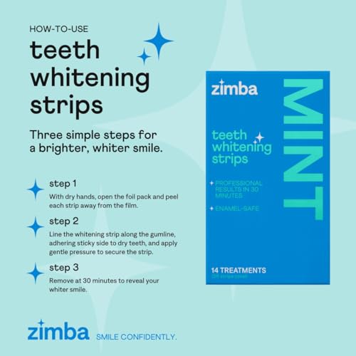 Image of Zimba Teeth Whitening Strips Vegan Whitening Strip Enamel Safe Teeth Whitening Hydrogen Peroxide Teeth Whitener for Coffee, Wine, Tobacco, and Other Stains, 28 Strips (14 Day Treatment), Mint